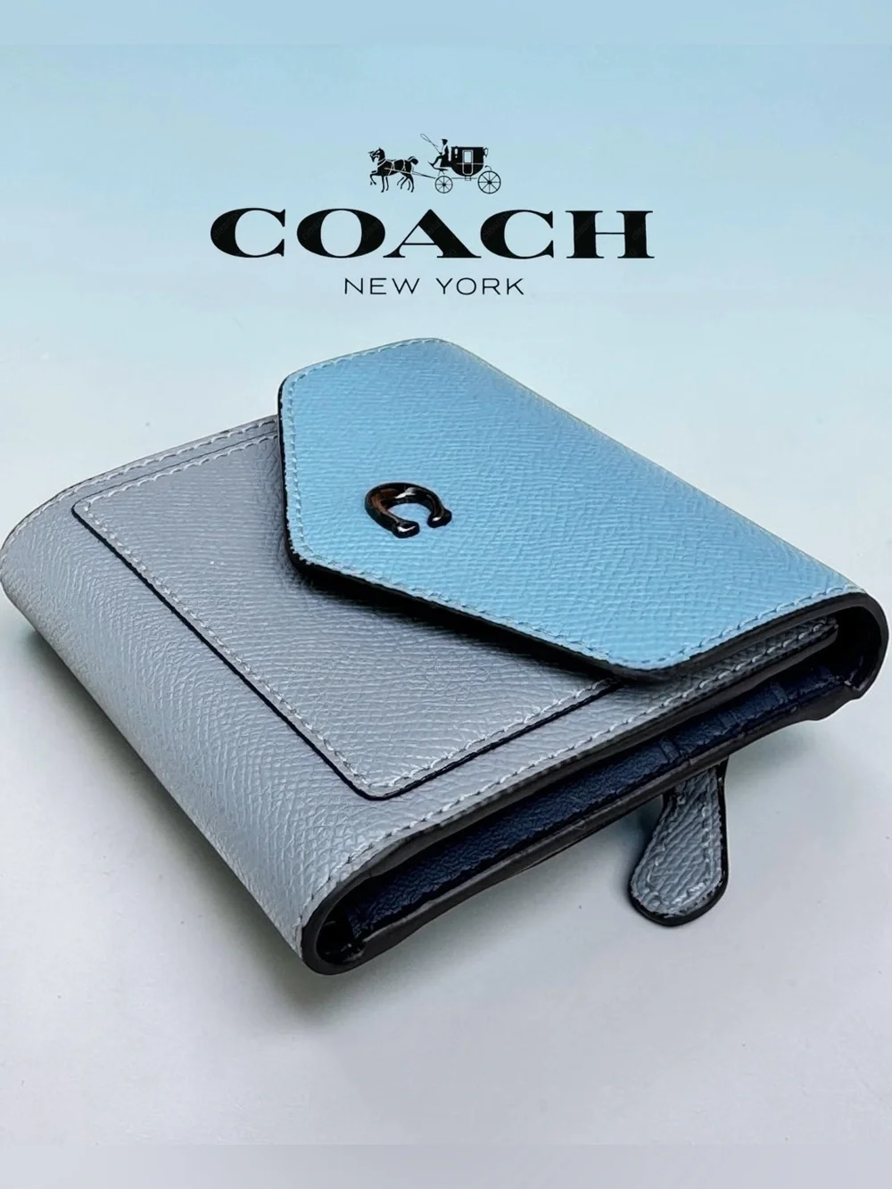 COACH Wyn Small Wallet in Dove Grey and Sky Blue Multi Colorblock.